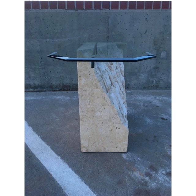Metal Postmodern Brass & Glass Pedestal Console Sofa Table in Tessellate Stone For Sale - Image 7 of 12