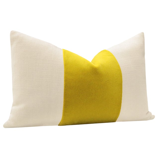 Contemporary 12" X 18" Chartreuse Mohair Velvet Panel & Linen Lumbar Pillows - a Pair For Sale - Image 3 of 5