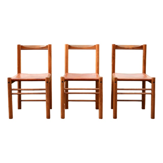 Mid- Century Cognac Dining Leather Chairs from Ibisco Sedie, 1970s, Set of 3 For Sale