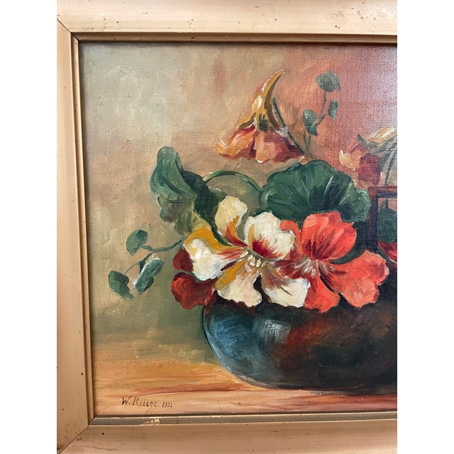 English Vintage Oil Painting Still Life Floral Flowers by W. Rüegg. 1931. For Sale - Image 3 of 6