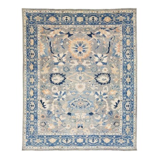 12x15 Modern Floral Oushak Style Wool Area Rug in Muted Slate Blue For Sale