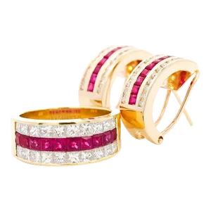 Vintage Ruby & Diamond Channel Set Cluster Ring & Earring 18K Jewelry Set, Size 6