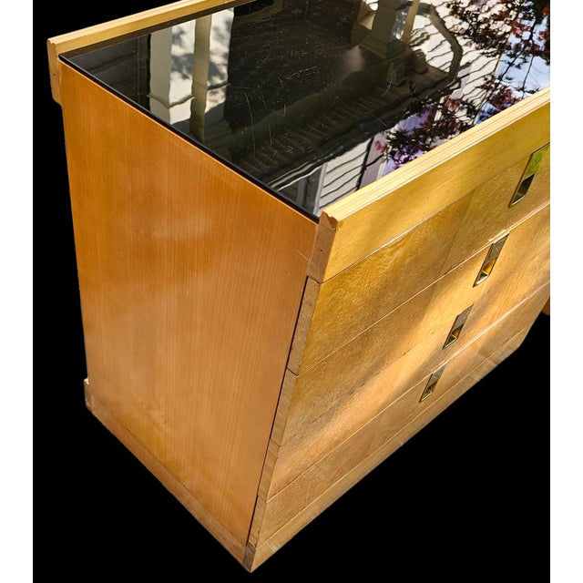 Mid 20th Century Vintage Pair of Baker Furniture Birdseye Maple Bachelor's Chests on Stands With Black Glass Tops (Attriibuted to Brian Palmer) For Sale - Image 5 of 9