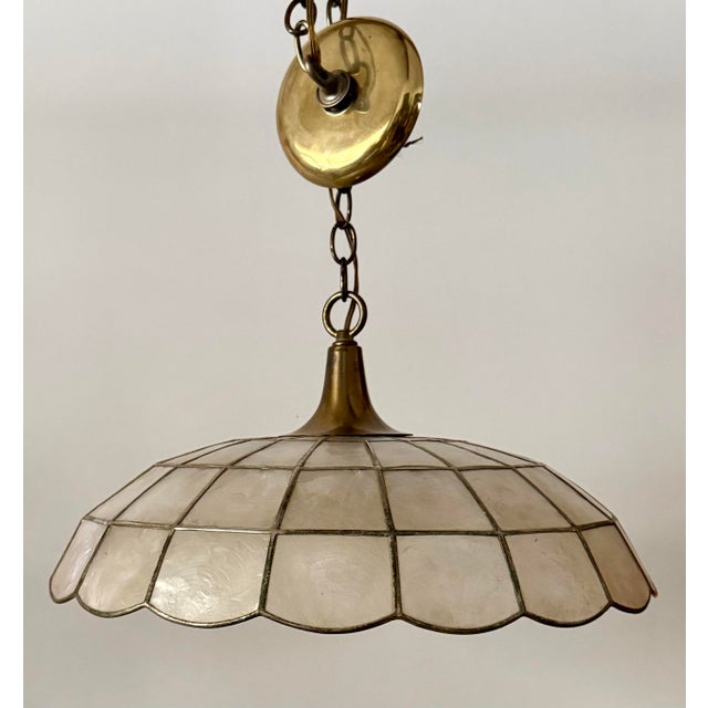Vintage Capiz Shell Pendant Light With Brass Hardware and Scalloped Edge For Sale - Image 10 of 10