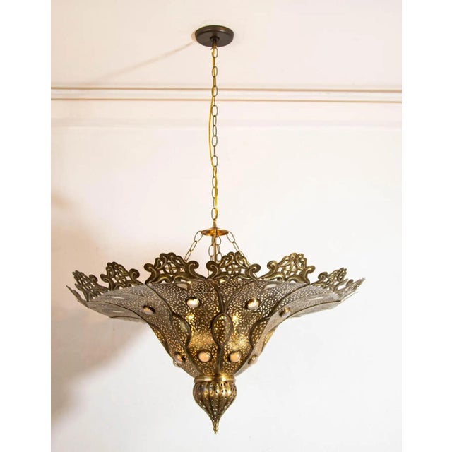 An impressive large-scale Moroccan Moorish pierced brass Pasha chandelier, handcrafted in Marrakech and inspired by the...