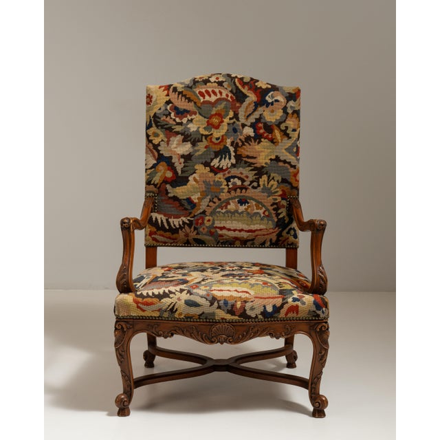 19th Century French Chestnut Brown Louis XV Upholstered Throne Armchair For Sale - Image 11 of 15