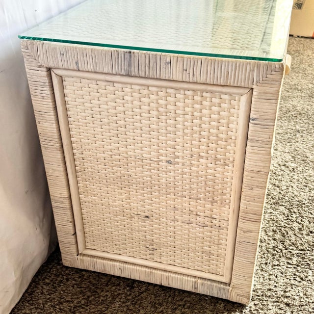 Wood Boho Chic Wrapped Wicker Glass Top Nightstand For Sale - Image 7 of 7
