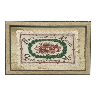 Antique Beaded Holiday Peace on Earth Framed Crochet Linen For Sale