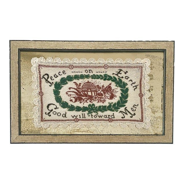 Antique Beaded Holiday Peace on Earth Framed Crochet Linen For Sale