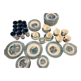 Vintage Royal China Currier & Ives Blue Dinnerware & Glassware Set - 67 Pieces For Sale