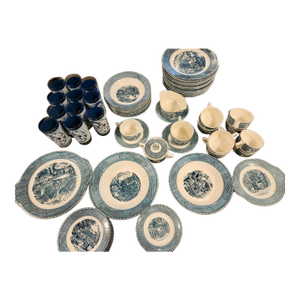 Vintage Royal China Currier & Ives Blue Dinnerware & Glassware Set - 67 Pieces