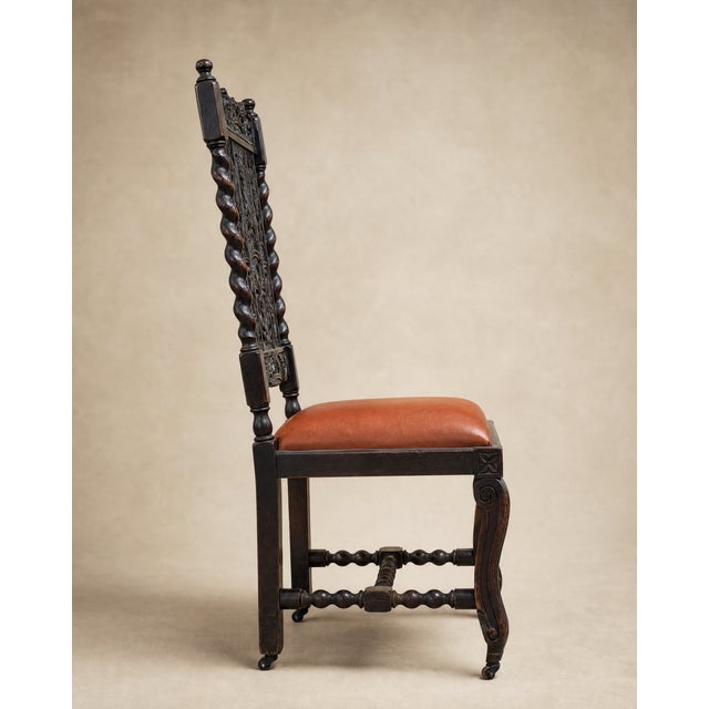 Early 20th Century Pair of Antique Jacobean Revival Carved Oak Hall Chairs With Heraldic Crest Backs & Leather Seats For Sale - Image 5 of 7