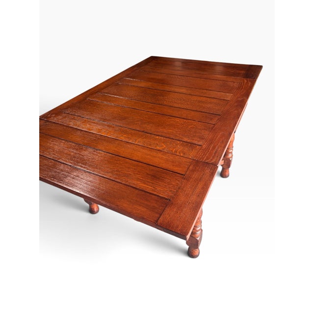 1930s Professionally Restored English Draw-Leaf Dining Table – Solid & Sturdy Solid Oak For Sale In Houston - Image 6 of 12