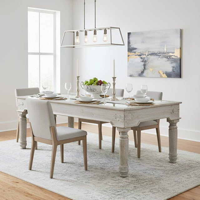 Dimensions: 79"W x 46"D x 31"H This piece Distressed Washed White Kitchen Table utilizes old architectural elements, re-...