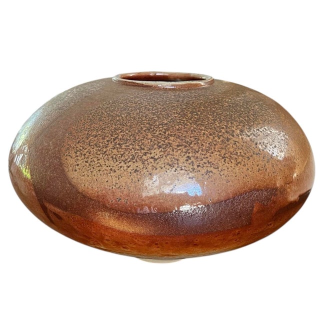 Contemporary Early 21st Century Boho Signed Studio Pottery Vase, Large Organic Modern Ceramic Vessel, Earth Tone Glaze, 13” Wide For Sale - Image 3 of 12