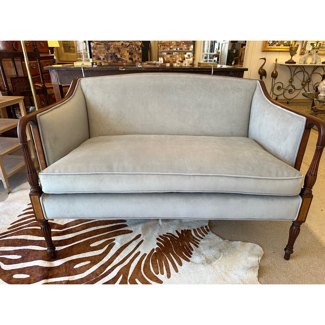 Newly Upholstered Mahogany & Grey Velvet Settees Loveseats -a Pair For Sale - Image 14 of 14