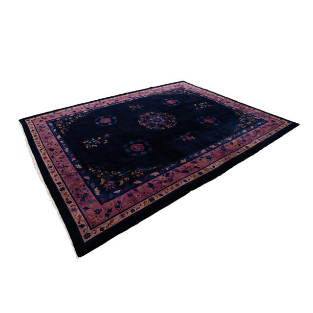 Antique Art Deco Dark Indigo Chinese Wool Rug 9 Ft X 11 Ft 10 In. For Sale - Image 4 of 13