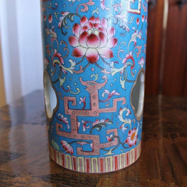 Cerulean Blue Chinese Porcelain Hat Stand Vases - A Pair For Sale - Image 9 of 14
