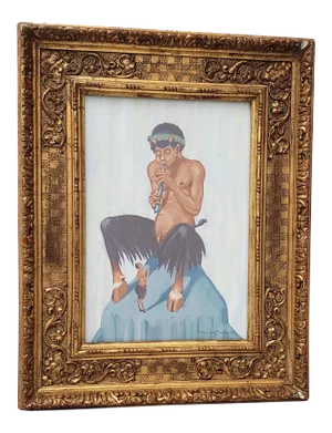 Carl Franz Bauer "Pan Playing a Flute" Original Gouache Painting c.1916