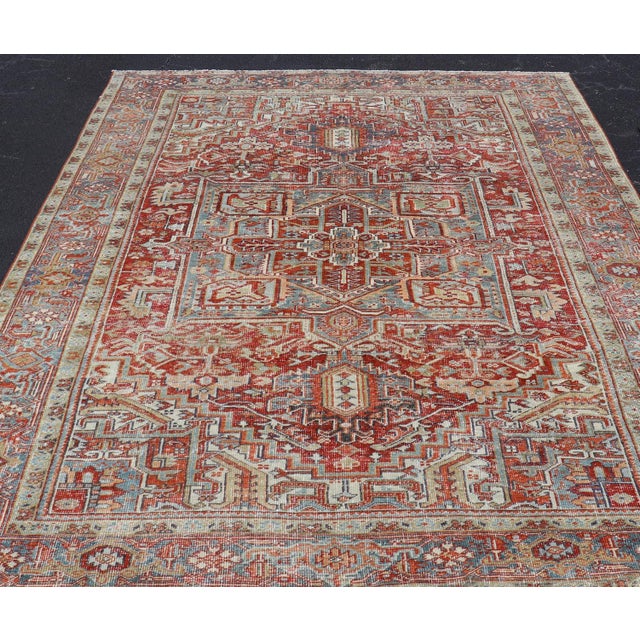Tribal Antique Persian Heriz Rug With Striking Geometric Medallion and Intricate Detailing 7'11"x10'3" For Sale - Image 3 of 12