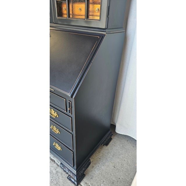 Wood 1940s Black Chippendale Style Secretary Desk/ Secretary Hutch, 2 Piece Cabinet For Sale - Image 7 of 17