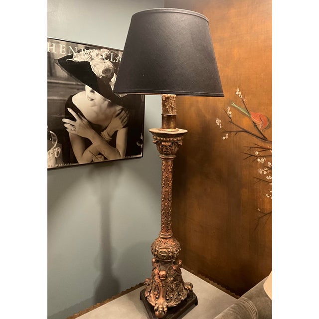 A Spanish Moorish Baroque-Style Table Lamp Electrified With Linen Shade For Sale In Los Angeles - Image 6 of 10