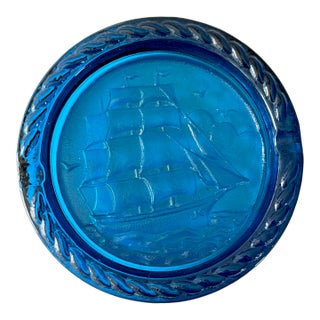 Mid-Century Americana Brilliant Blue Glass Clipper Ship Ashtray Catchall For Sale