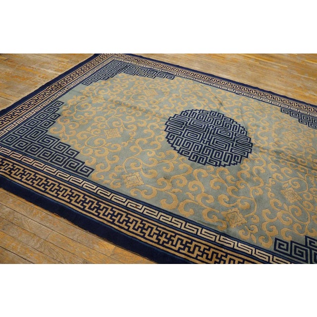 1960s Sky Blue Medallion Greek Key Vintage Chinese Peking Rug 6'8" X 9'6" Knotted Wool Carpet For Sale - Image 4 of 9