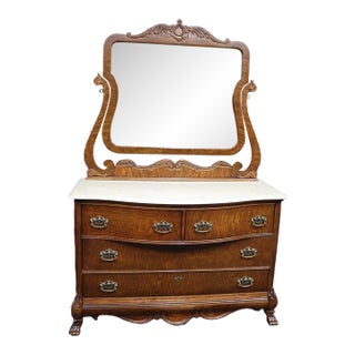 Pulaski Furniture Victorian Revival Oak Dresser With Faux Marble Top and Mirror For Sale