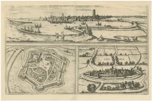 Birds-Eye Views of Dunkerque, Gravelines, and Bourbourg by Braun and Hogenberg, 1597