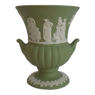 Vintage Mid-Century Modern Wedgwood Sage Green Jasperware Twin Handle Vase For Sale
