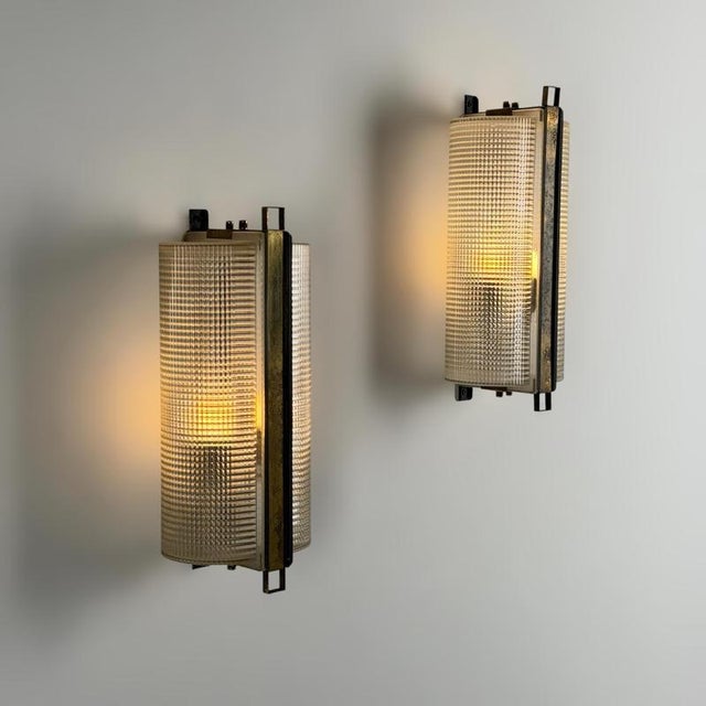 Large Brass and Pressed Glass Sconces by Jacques Adnet, France, 1960s, Set of 2 For Sale - Image 3 of 18