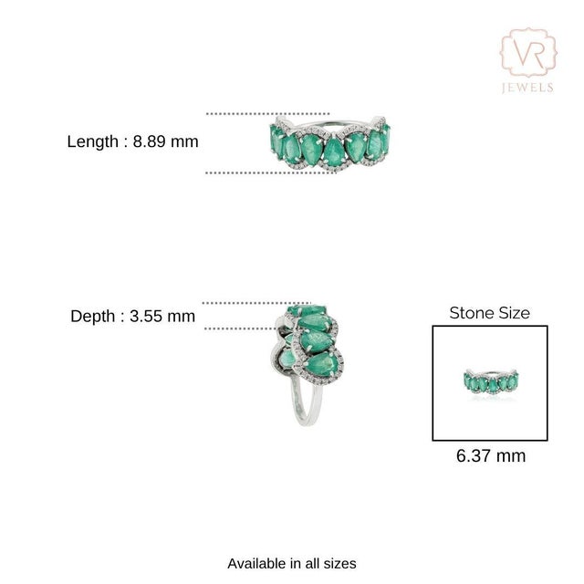 Modern 2.91ct Pear Cut Emerald & Diamond 14k Gold Half Eternity Band Ring Size 9 For Sale - Image 12 of 16