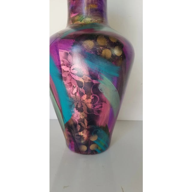 1980s Vintage Abstract Hand Painted Ceramic Vase For Sale - Image 5 of 13