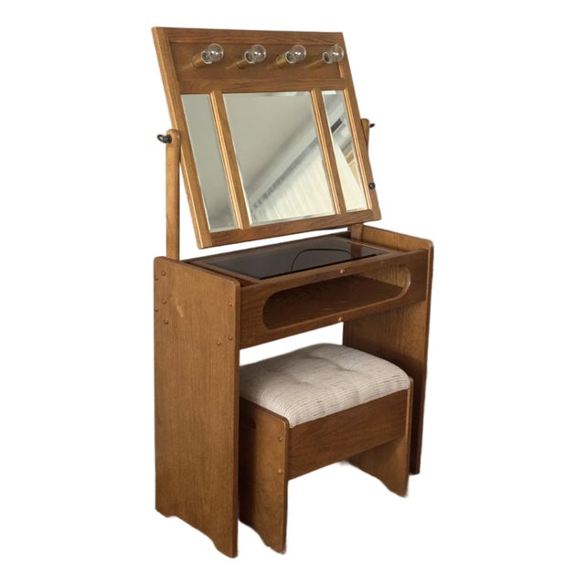 Mid 20th Century Oak Vanity Table With Lighted Adjustable Top Mirror and Upholstered Bench For Sale