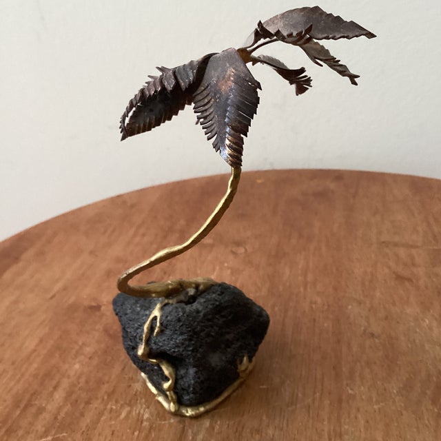 Brutalist Vintage Copper and Brass Palm Tree Sculpture Mounted on Lava Rock Base For Sale - Image 3 of 12