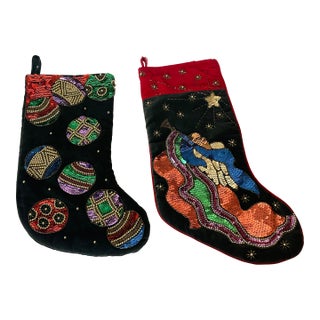 1970s Two Festive Christmas Stockings Beaded Sequins on Velvet For Sale