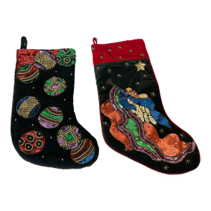 1970s Two Festive Christmas Stockings Beaded Sequins on Velvet