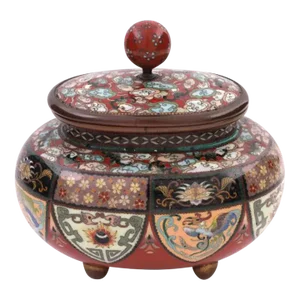 Late 19th Century Red Meiji Japanese Cloisonne Enamel Covered Jar With Bats, Dragons, and Phoenix Bird