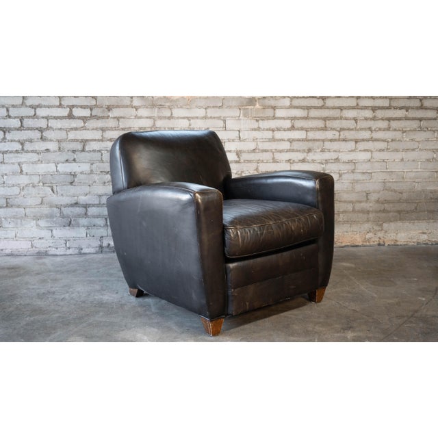 Black Restoration Hardware Art Deco Black Leather Club Chair & Ottoman For Sale - Image 8 of 14