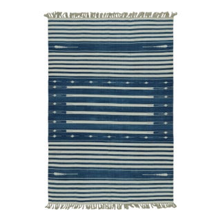 Rug & Kilim's Contemporary Dhurrie Rug with White and Blue Stripes - 6x9 For Sale