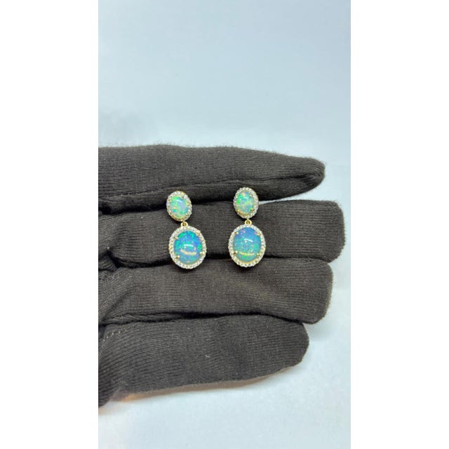 Modern Natural Opal 6.17cts & Diamond 0.77cts Earring in 14k Gold For Sale - Image 3 of 8