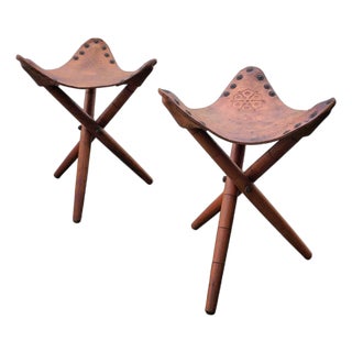 Vintage Tooled Leather Tripod Chairs, Set of 2 For Sale