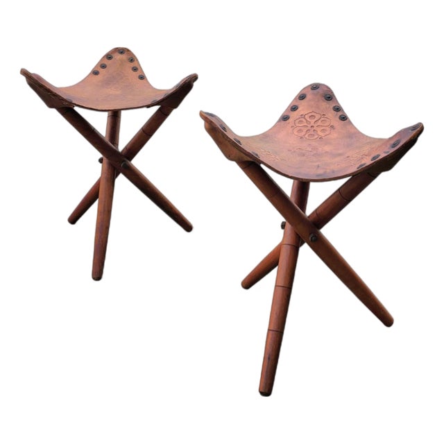 Vintage Tooled Leather Tripod Chairs, Set of 2 For Sale