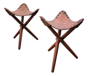 Vintage Tooled Leather Tripod Chairs, Set of 2