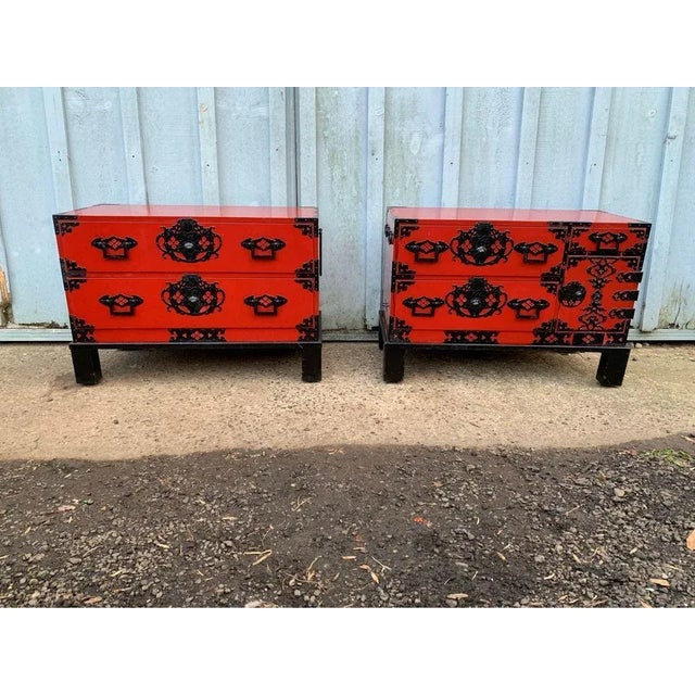 Mid 20th Century Vintage Asian Style Red Painted Iron Mounded Campaign Cedar Type Chests. A Pair For Sale - Image 11 of 12