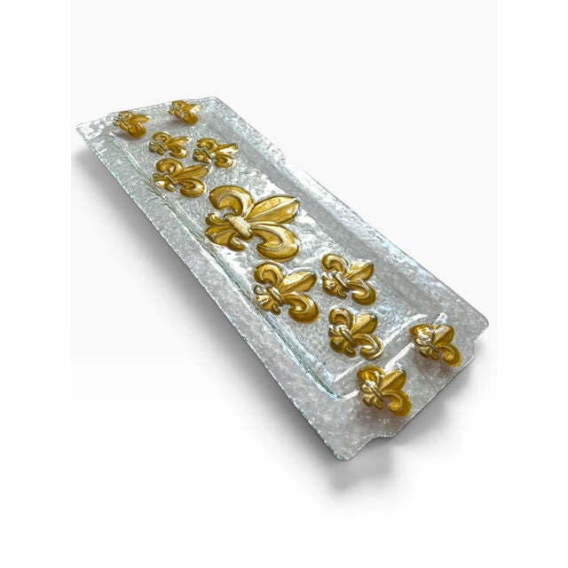 Hollywood Regency Vintage Textured Glass Tray With Raised Gold Fleur-De-Lis Motif For Sale - Image 3 of 5