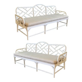 Rattan Chinese Chippendale Garden Sofas, a Pair