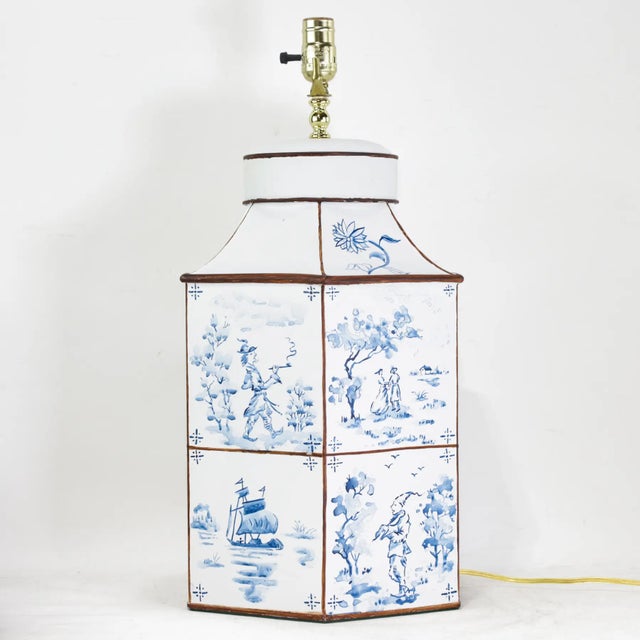 Vintage Hand-Painted Blue and White Imitation Dutch Tile Landscape Tea Can Table Lamps - a Pair For Sale - Image 13 of 14