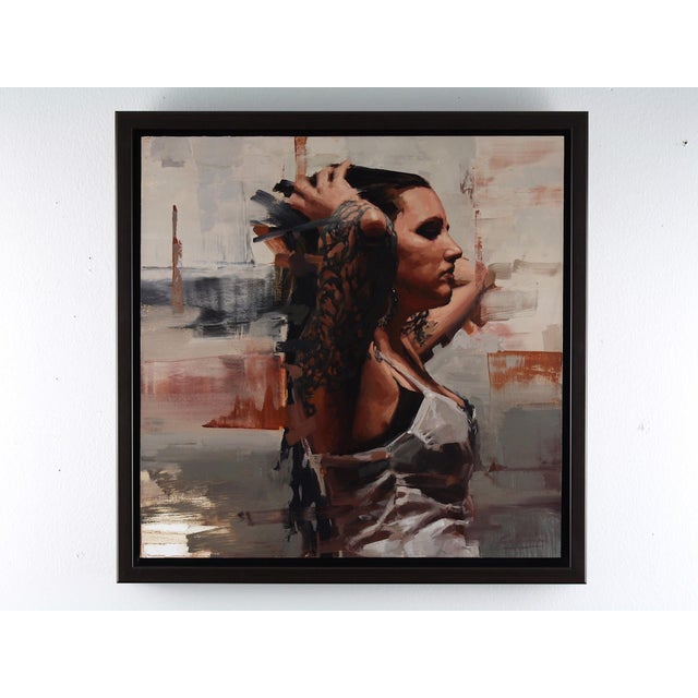 This oil on wood panel artwork presents a figure in a moment of introspection, with her hands raised and a contemplative...